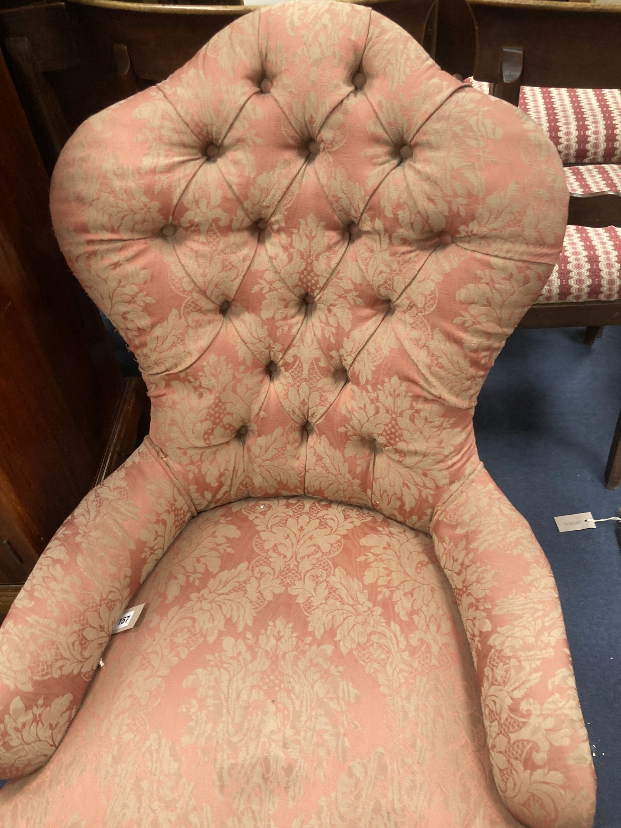 A Victorian button back nursing chair, with pink brocade upholstery, width 65cm, depth 55cm, height 85cm